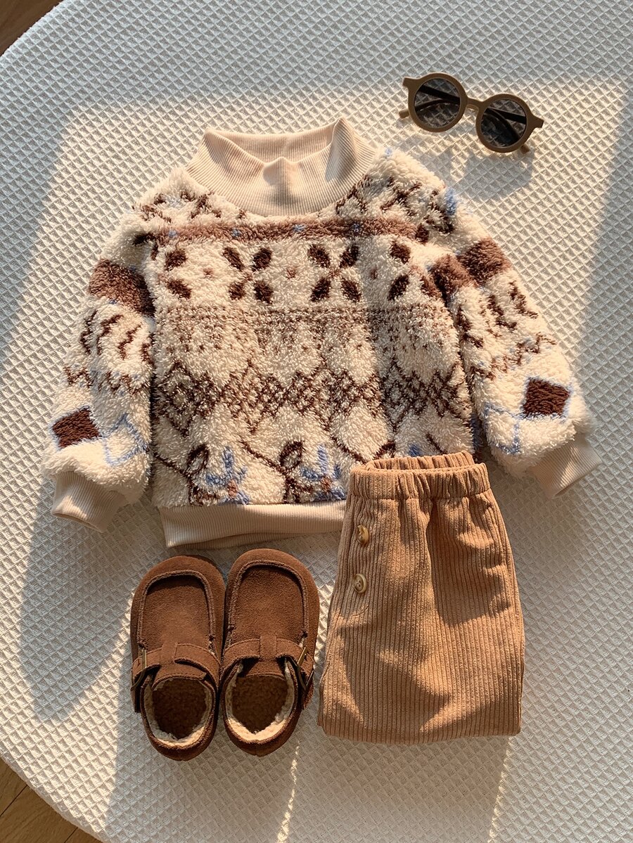 SHEIN 2pcs Baby Boy & Girl Autumn/Winter Pattern Thermal Lined Thick Crew Neck Long Sleeve Pullover Sweatshirt & Elastic Waist Long Pants Set, Fuzzy Sweatshirt Outfit - Multicolor - View 1