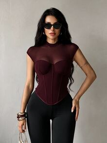SHEIN SXY Burgundy Sexy Mesh Cup Sheer Top Club Night Out Party Summer - Red Violet - View 5