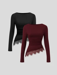 Sweetra Y2K Sexy Lace Trim Patchwork Pleated Crinkled Casual Versatile Commuter Top - Multicolor - View 3