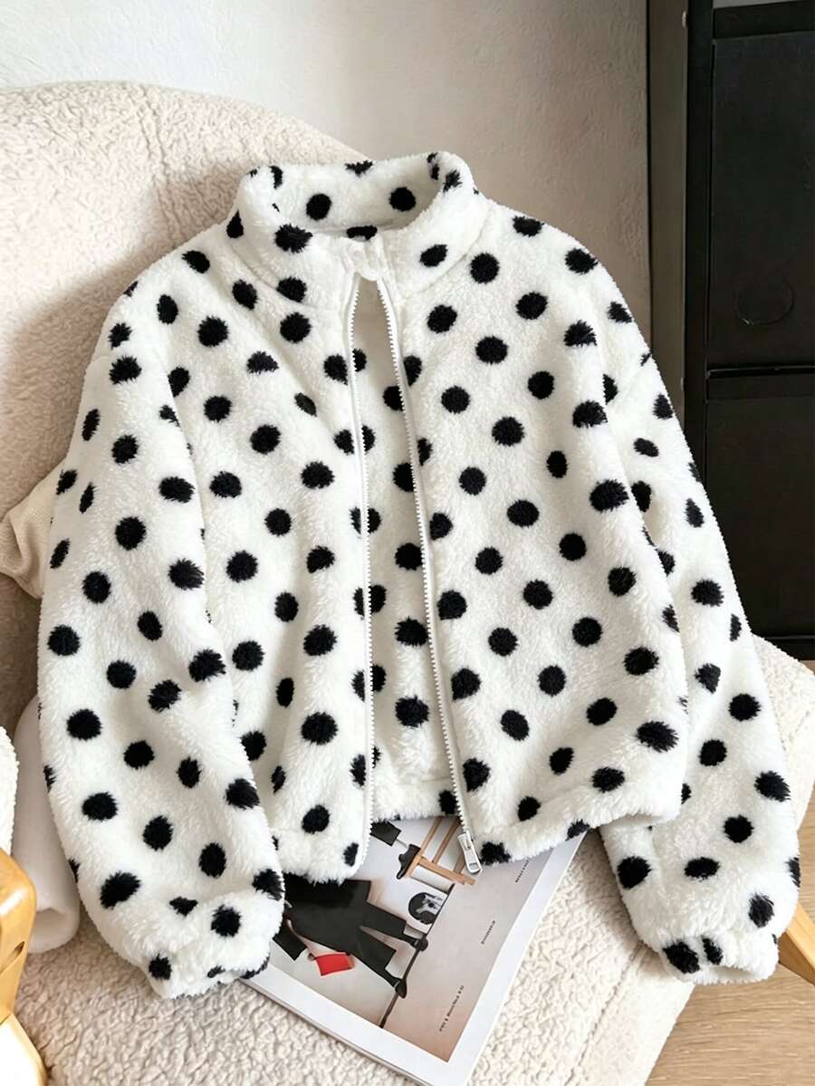 SHEIN 女童絨毛外套,棕色底色配白色波點,復古俏皮風格,秋季上衣秋季穿搭,冬季長袖上衣拉鍊外套,黑色洋裝 - 彩色 - 查看 1