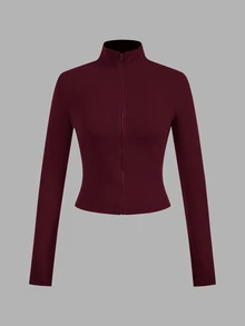 SHEIN EZwear 2件組 酒紅與海軍藍針織拉鍊長袖女款T恤，適合秋冬穿著 - 彩色 - 查看 4