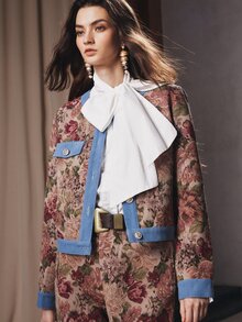Anewsta Spring/Autumn Vintage French Style Jacquard Colorblock Denim Trim Short Tweed Jacket - Blue - View 5