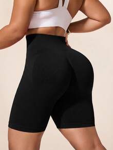 SHEIN Rhythm Era Seamless High Elasticity Plus Size Women's Sports Shorts - Black - View 2
