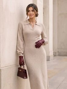 SHEIN Clasi Women's Solid Color Casual Daily Knit Dress - Camel - View 6