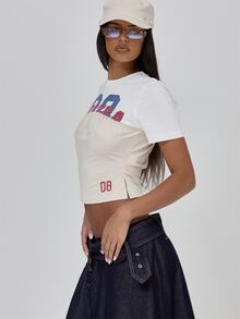 MUSERA White Contrast Colour Graphic Top Fall Autumn Winter Coolgirl Back To School Blancs - Multicolor - View 4