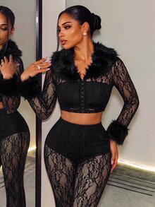 BamGleam Women's Autumn Solid Color Sheer Sexy Fur Trim Top And Flare Pants Black 2 Pieces Set - Black - View 2
