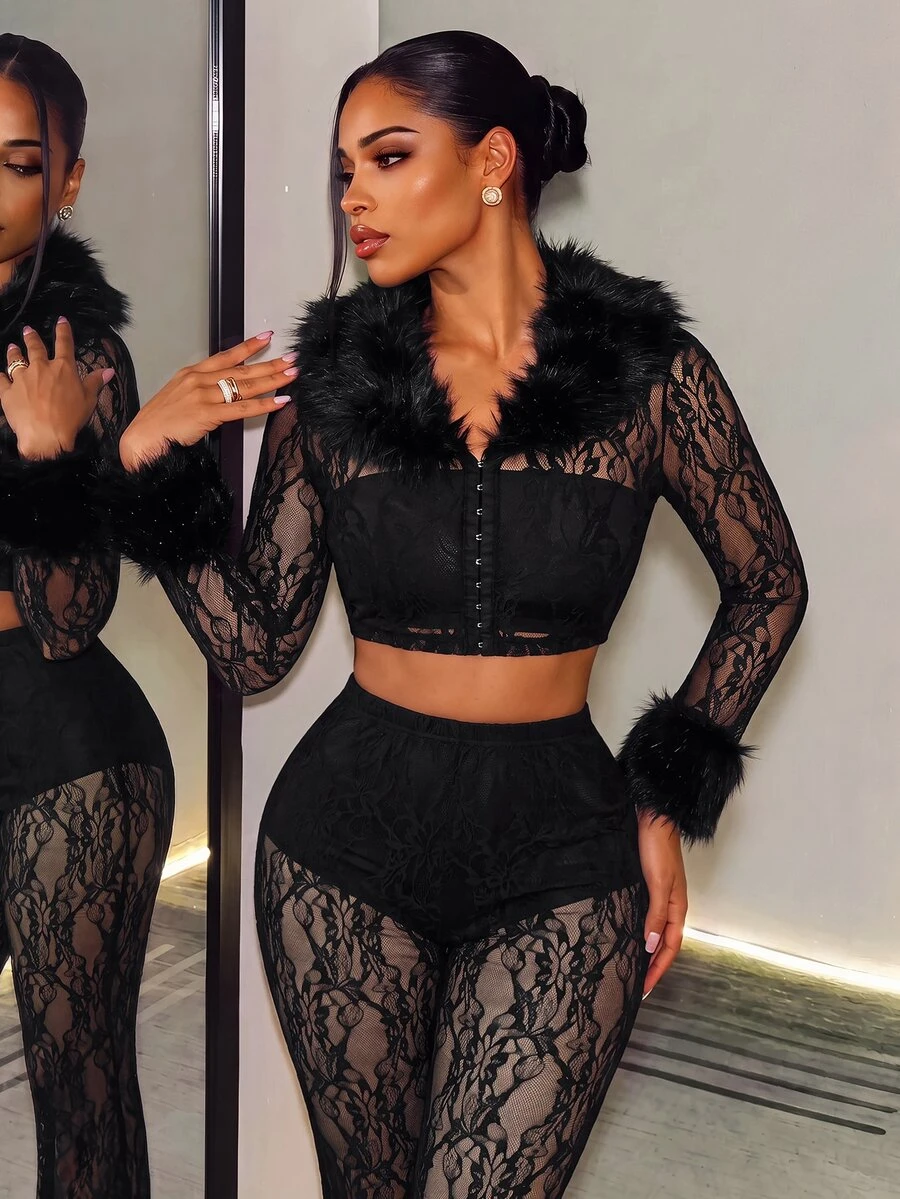 BamGleam Women's Autumn Solid Color Sheer Sexy Fur Trim Top And Flare Pants Black 2 Pieces Set