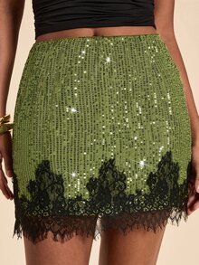 Travachic Women's Sequin Lace Trim Casual Versatile Mini Skirt - Army Green - View 5