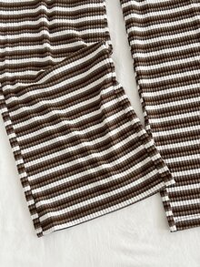 Elamini Women's Elegant Commute Casual Fashion & Versatile Striped Camisole Long Pants & 2 Pieces Set - Coffee Brown - View 7