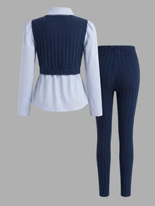 SHEIN Tween Girls Navy Blue 2 In 1 Striped Shirt With Navy Blue Leggings Set, 3D Floral Decoration, Preppy Style Two Pieces Outfit, Autumn - Multicolor - View 2