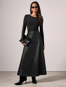 COSMINA Rok Wanita Bahan PU Hitam Elegan Minimalis Serbaguna untuk Perjalanan Musim Gugur/Dingin - Hitam - View 3