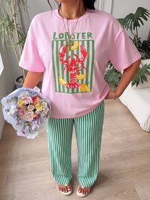 SHEIN EZwear 大尺碼女款字母龍蝦印花短袖T恤與條紋長褲休閒兩件套 - 棕色 - 查看 3