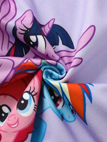 My Little Pony X SHEIN طقم ملابس نوم منزلية كاجوال يومي للبنات الصغيرات بنقشة كرتونية، توب بأكمام قصيرة وشورت - الأرجواني - مشاهدة 5