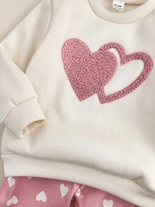 SHEIN Baby Girl Embroidered Round Neck Long Sleeve Sweatshirt And Heart Print Pants Set - Pink - View 5
