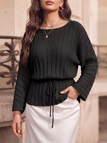 Juhart Áo len chui đầu 2 trong 1 size lớn màu yến mạch, trễ vai, có dây rút, dệt kim gân sọc dọc, hơi xuyên thấu, dáng rộng thoải mái, phù hợp đi làm và hẹn hò - màu đen - Xem 1