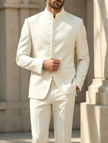 Manfinity Bizformal Men's Solid Color Long Sleeve Single-Breasted Jacket And Trousers Suit Set - Apricot - View 7