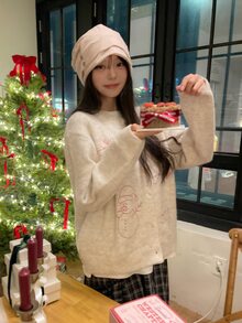 DAZY Women's Round Neck Cartoon Colorblock Outline Casual Korean Style Long Sleeve Autumn/Winter Cardigan - Beige - View 8