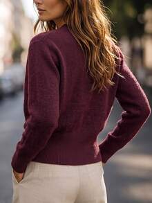 SHEIN كارديجان محبوك بأكمام طويلة بتصميم أنيق وقصة ضيقة - الأحمر - مشاهدة 2