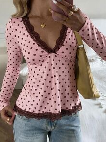 CovetEZ Women's Casual Comfortable Light Pink Contrast Lace Long Sleeve Top, Autumn/Winter - 淺粉色 - 查看 5