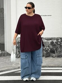 SHEIN CURVE+ 大尺碼休閒紋理短袖側開衩T恤 - 酒紅色 - 查看 7