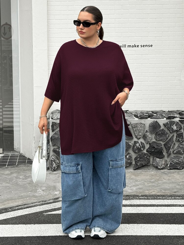 SHEIN CURVE+ Plus Size Casual Textured Short Sleeve Side Slit T-Shirt - Burgundy - View 7