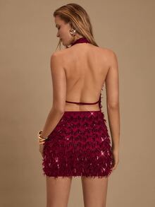 SHEIN Glamour 酒紅色亮片流蘇掛脖迷你洋裝，深V鏤空無袖緊身短洋裝，適合夜店派對、生日、雞尾酒會，夏季性感穿搭 - 酒紅色 - 查看 2