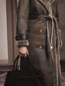 Anewsta Grey Lapel Fur-Trimmed One-Piece Long Coat With Waist Tie For Women - Brown - View 6