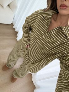 Siren Gaze 女款條紋長袖上衣與長褲休閒日常兩件套 - 軍綠色 - 查看 1