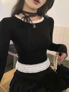 DAZY 女款蕾絲飾邊修身百搭日常長袖上衣 - 黑色 - 查看 9