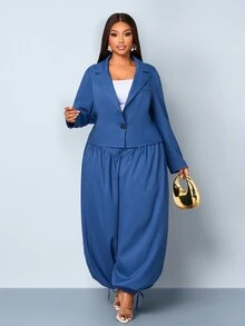 SOLERSUN Plus Size Elegant Button Long Sleeve Jacket And Loose Pleated Cuffed Pants Suit Set - Navy Blue - View 2