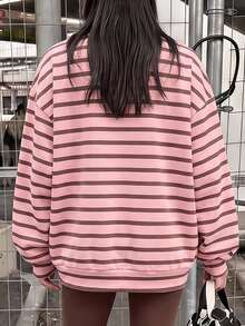 青少年女孩圓領休閒條紋拼接運動衫與修身緊身褲2件套，街頭風 - 彩色 - 查看 4