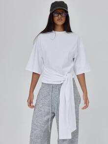 MUSERA Crewneck Loose Boxy Fit Cinched Tie Waist Tshirt Tee Fall Autumn Winter Coolgirl Back To School Blancs - White - View 2