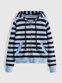 ROMWE Grunge Punk Women's Striped Long Sleeve Zipper Front Drawstring Hooded Knit Cardigan - Blue - View 1