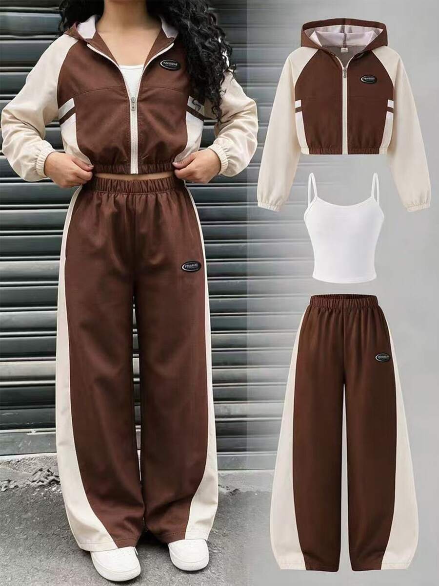 SHEIN 3件組青少年女孩休閒套裝,連帽長袖前開襟短版拉鍊外套,白色飾邊與編織織帶裝飾,白色細肩帶上衣,鬆緊腰寬鬆寬腿長褲,秋季日常穿著 - 彩色 - 查看 1