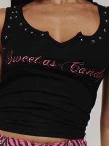 MUSERA Black Graphic Printed Slogan Studded Tank Top Summer Cute Sexy Cute Everyday Holiday Ultra M - Black - View 6