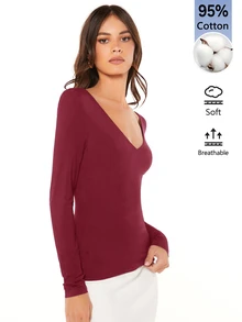 SHEIN BASICS 女款純色極簡長袖T恤，適合日常穿著 - 酒紅色 - 查看 3