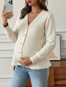 DAZY Solid Color Fitted Long Sleeve C-Neck Elegant Vacation Korean Style Autumn/Winter Knit Cardigan For Pregnant Women - Beige - View 4