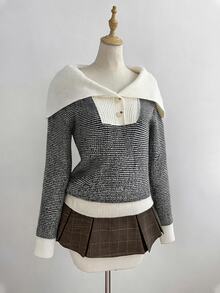 Autumina Women's Casual Young Color-Block Turn Collar Knitted Sweater, Autumn/Winter - Multicolor - View 5