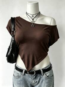 SHEIN Women's Top, Jersey Knit Asymmetric OffTheShoulder Poncho,Summer - Brown - View 1