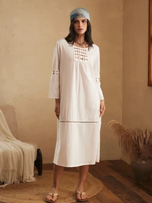 Lullawish Women's Bohemian Hollow Embroidery Lace Patchwork Comfortable Loose White Pure Cotton Nightgown - White - View 6