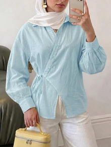 Solavon Women's Solid Color Casual Versatile Daily Wear Shirt - Blue - View 7