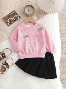 SHEIN Baby Girl Bow Decor Long Sleeve Sweatshirt And Pleated Skirt Cute Set - Pink - View 6