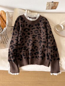 Story & Sage Women's Street Fashion Lace Patchwork Leopard Print Jacquard Sweater - Multicolor - View 3