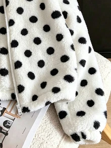 SHEIN 女童絨毛外套，棕色底色配白色波點，復古俏皮風格，秋季上衣秋季穿搭，冬季長袖上衣拉鍊外套，黑色洋裝 - 彩色 - 查看 3