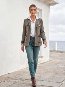 Faunlyn Blazer Tweed Motif Tulang Ikan dengan Trim Kulit Imitasi & Saku Berpenutup, Jaket Berkerah Berlekuk Satu Baris untuk Musim Dingin - Khaki - View 5