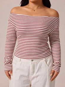 GalTyme Plus Size Street Fashion Versatile Striped Colorblock Long Sleeve T-Shirt - Red and White - View 3