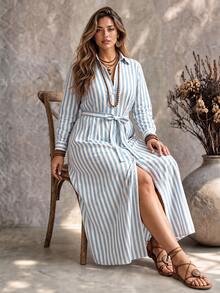 Ceyna Faux Linen Blue & White Striped Tie-Front Collared Midi Shirt Dress - Blue - View 3