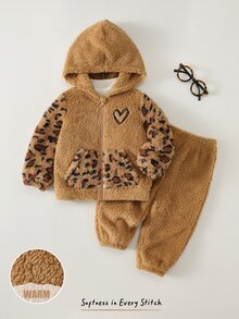 SHEIN Set Baju Bayi Perempuan Motif Leopard: Hoodie dan Celana Olahraga dengan Resleting - MultiWarna - View 10