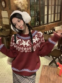 DAZY Women's Round Neck Loose Fit Patterned Christmas Casual Red Sweater Winter - Burgundy - View 5