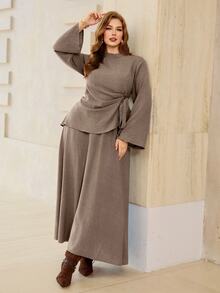Roveilla Plus Size Autumn Long Sleeve Khaki Casual Lazy Vintage Top & Skirt 2 Pieces Set For Commute Fall - Brown - View 6